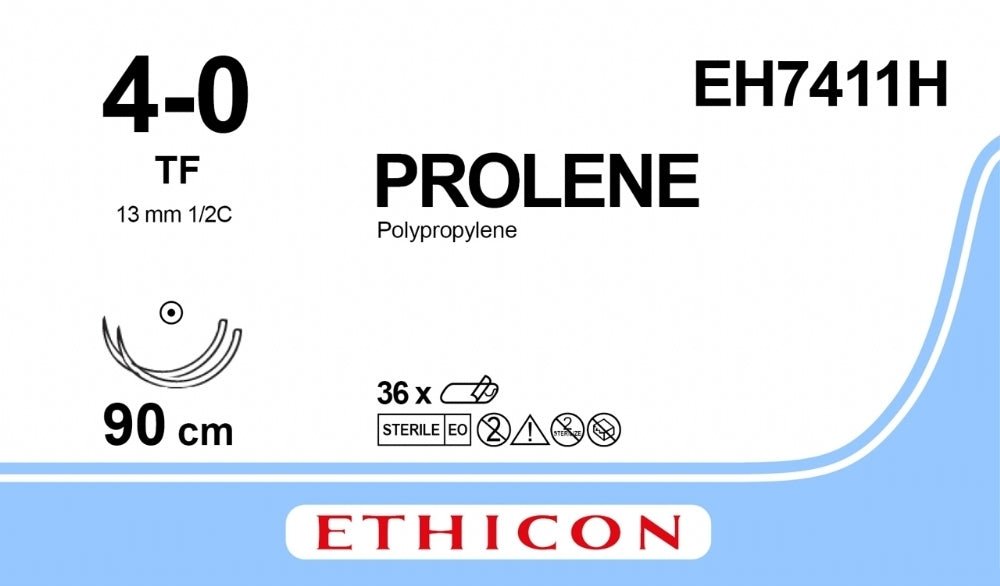 Ethicon PROLENE Polypropylene Blue Non - Absorbable Surgical Suture USP 4 - 0 90 cm Double - Armed TF Taper Point Needles EH7411H (Box of 36) - EH7411H