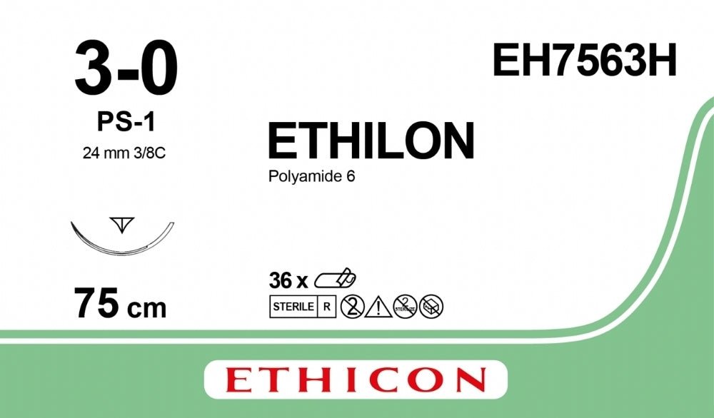 Ethicon ETHILON Black Monofilament Non - Absorbable Surgical Suture USP 3 - 0 30 in (75 cm) Black PS - 1 Prime Reverse Cutting Needle 24 mm 3/8 Circle EH7563H (Box of 36) - EH7563H
