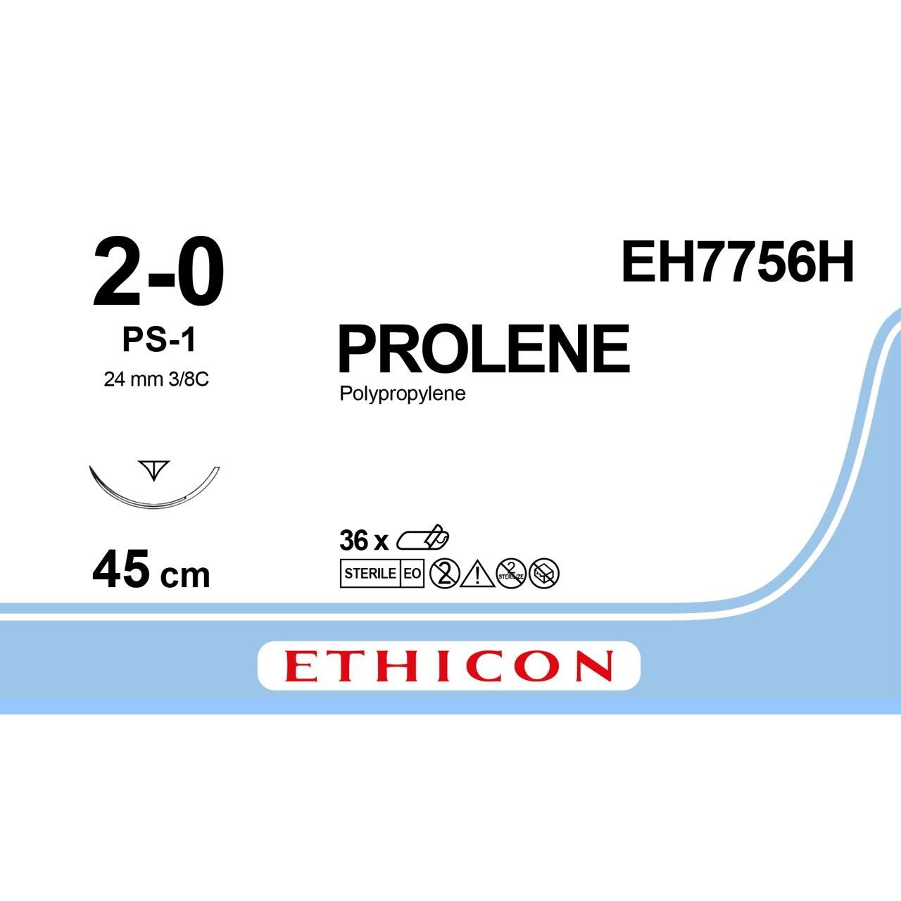 Ethicon PROLENE® Polypropylene Blue Non - Absorbable Surgical Suture – USP 2 - 0 (Metric 3) – 45 cm – PS - 1 PRIME™ Reverse Cutting Needle – EH7756H (Box of 36) - SutureEH7756H