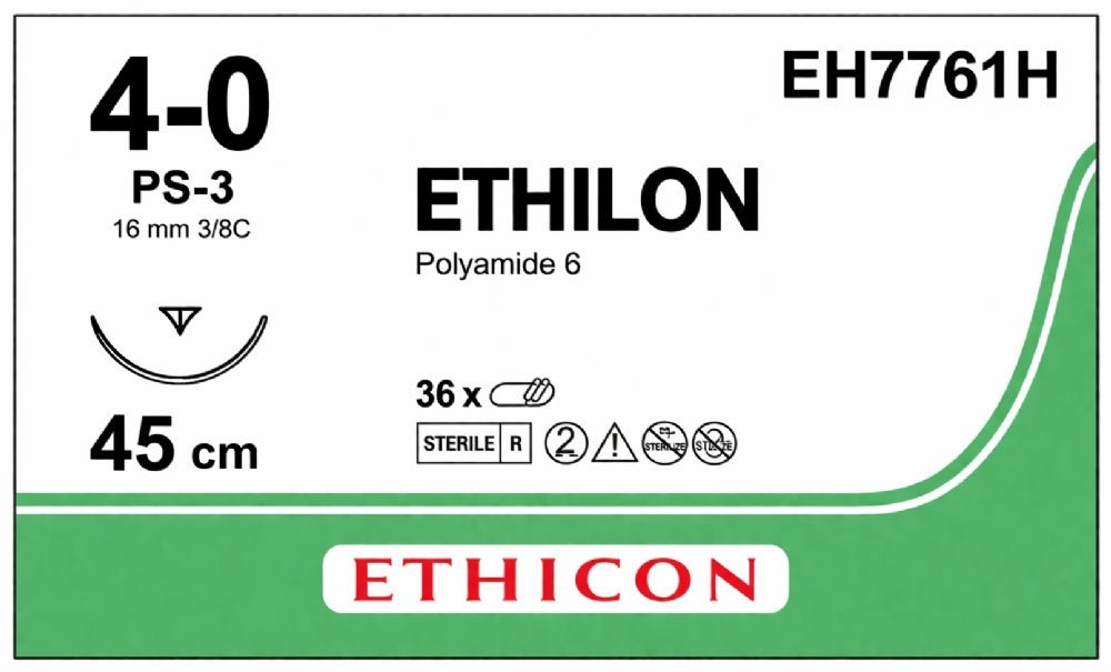 Ethicon ETHILON Black Monofilament Non - Absorbable Surgical Suture USP 4 - 0 18 in (45 cm) Black PS - 3 Prime Reverse Cutting Needle 13 mm 3/8 Circle EH7761H (Box of 36) - EH7761H