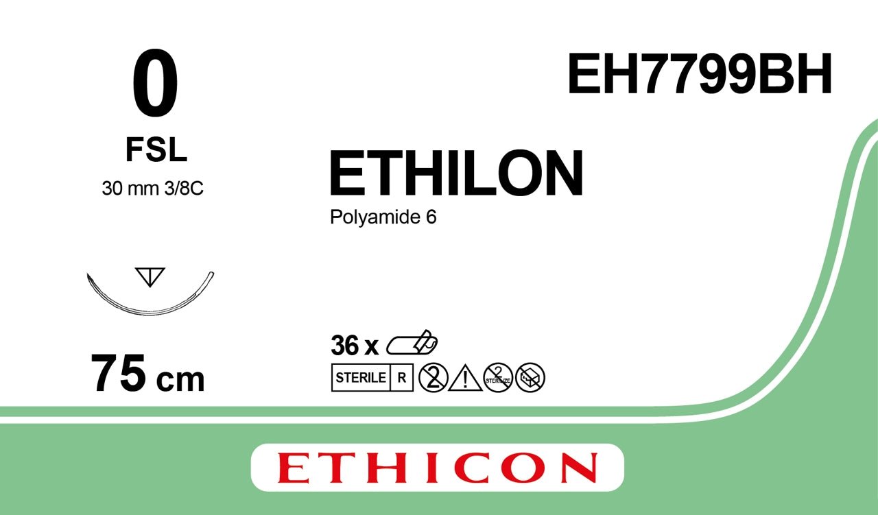 Ethicon ETHILON Black Monofilament Non - Absorbable Surgical Suture USP 0 30 in (75 cm) Black FSL Reverse Cutting Needle 26 mm 3/8 Circle EH7799BH (Box of 36) - EH7799BH