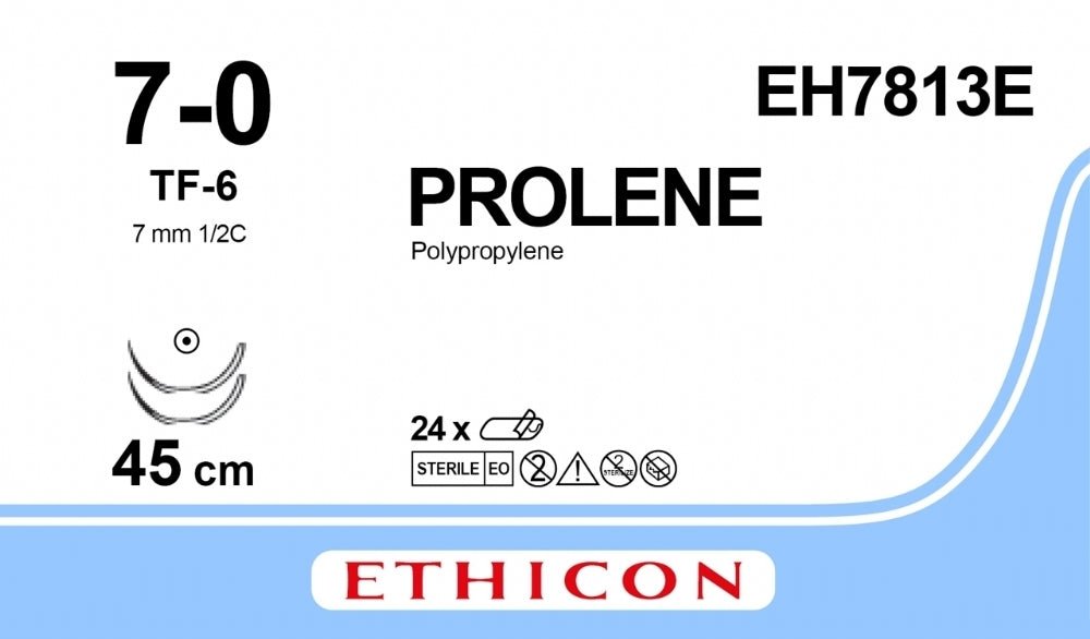 Ethicon PROLENE Polypropylene Blue Non - Absorbable Microsurgical Suture USP 7 - 0 45 cm TF - 6 Taper Point Needle (6.5 mm) EH7813E (Box of 24) - EH7813E