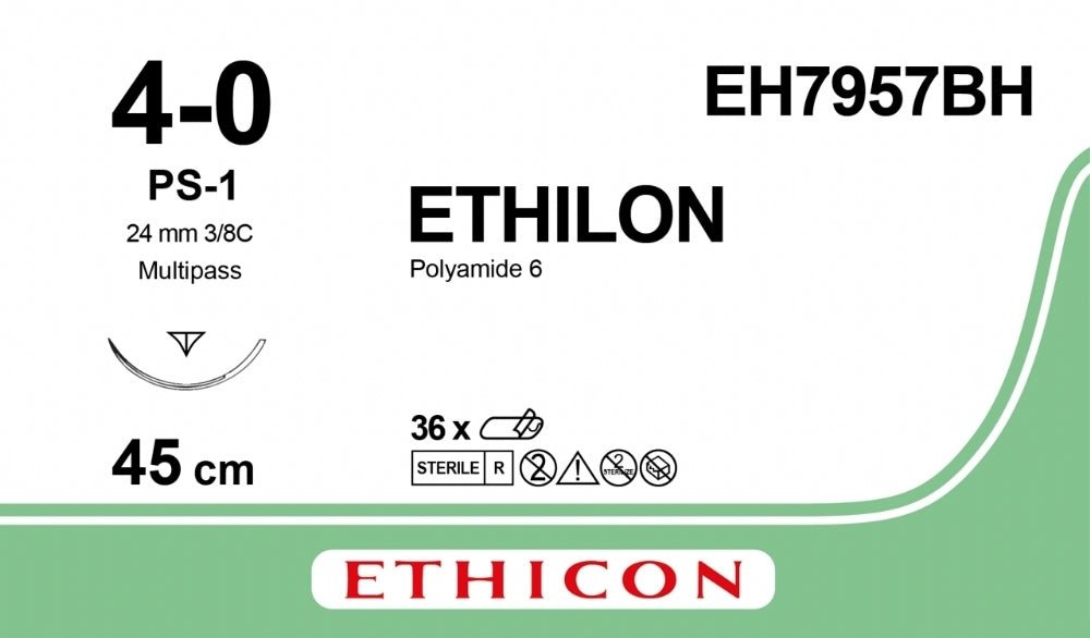 Ethicon ETHILON Black Monofilament Non - Absorbable Surgical Suture USP 4 - 0 18 in (45 cm) Black PS - 1 Prime Reverse Cutting Needle 24 mm 3/8 Circle EH7957BH (Box of 36) - EH7957BH
