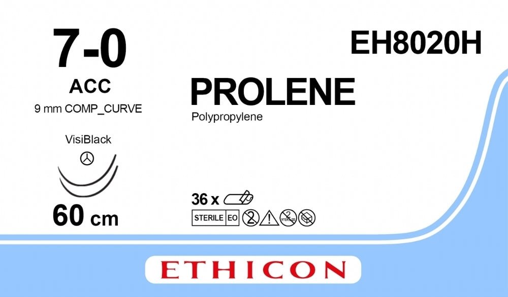 Ethicon PROLENE Polypropylene Blue Non - Absorbable Microsurgical Suture USP 7 - 0 60 cm ACC VB VISIBLACK TAPERCUT CC Needle (9.3 mm) EH8020H (Box of 36) - EH8020H