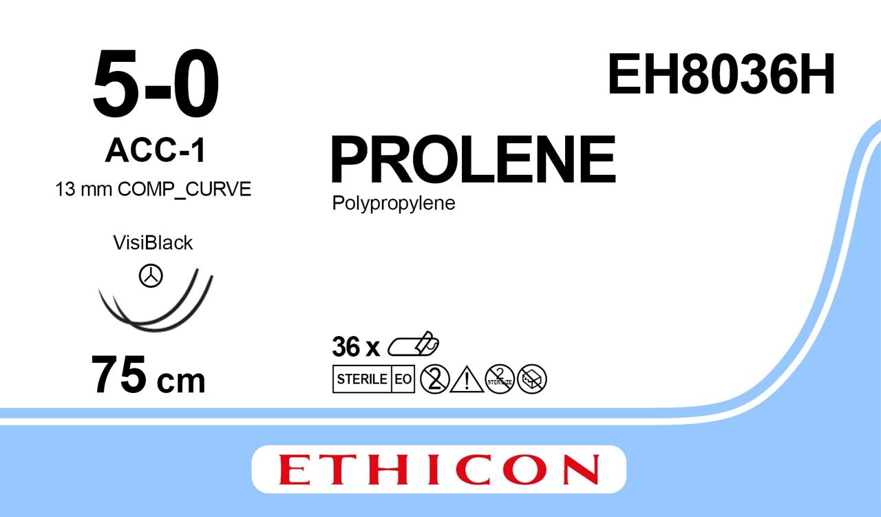 Ethicon PROLENE Polypropylene Blue Non - Absorbable Surgical Suture USP 5 - 0 75 cm ACC - 1 TAPERCUT Needle EH8036H (Box of 36) - EH8036H