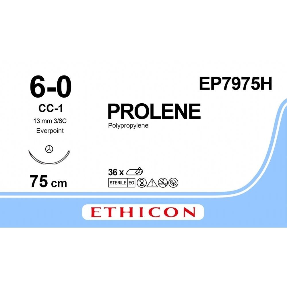 Ethicon PROLENE Polypropylene Blue Non - Absorbable Surgical Suture with EVERPOINT Technology USP 6 - 0 75 cm CC - 1 EP TAPERCUT CC Needle (13 mm) EP7975H (Box of 36) - EP7975H