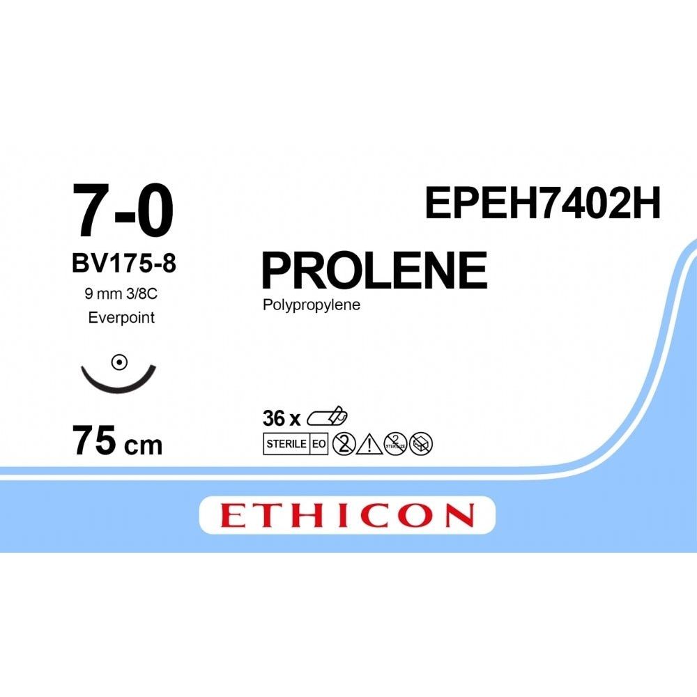 Ethicon PROLENE Polypropylene Non - Absorbable Monofilament Surgical Suture USP 7 - 0 75 cm BV - 1 Taperpoint Needles 9.3 mm 3/8 Circle with EVERPOINT Technology EPEH7402H (Box of 36) - EPEH7402H