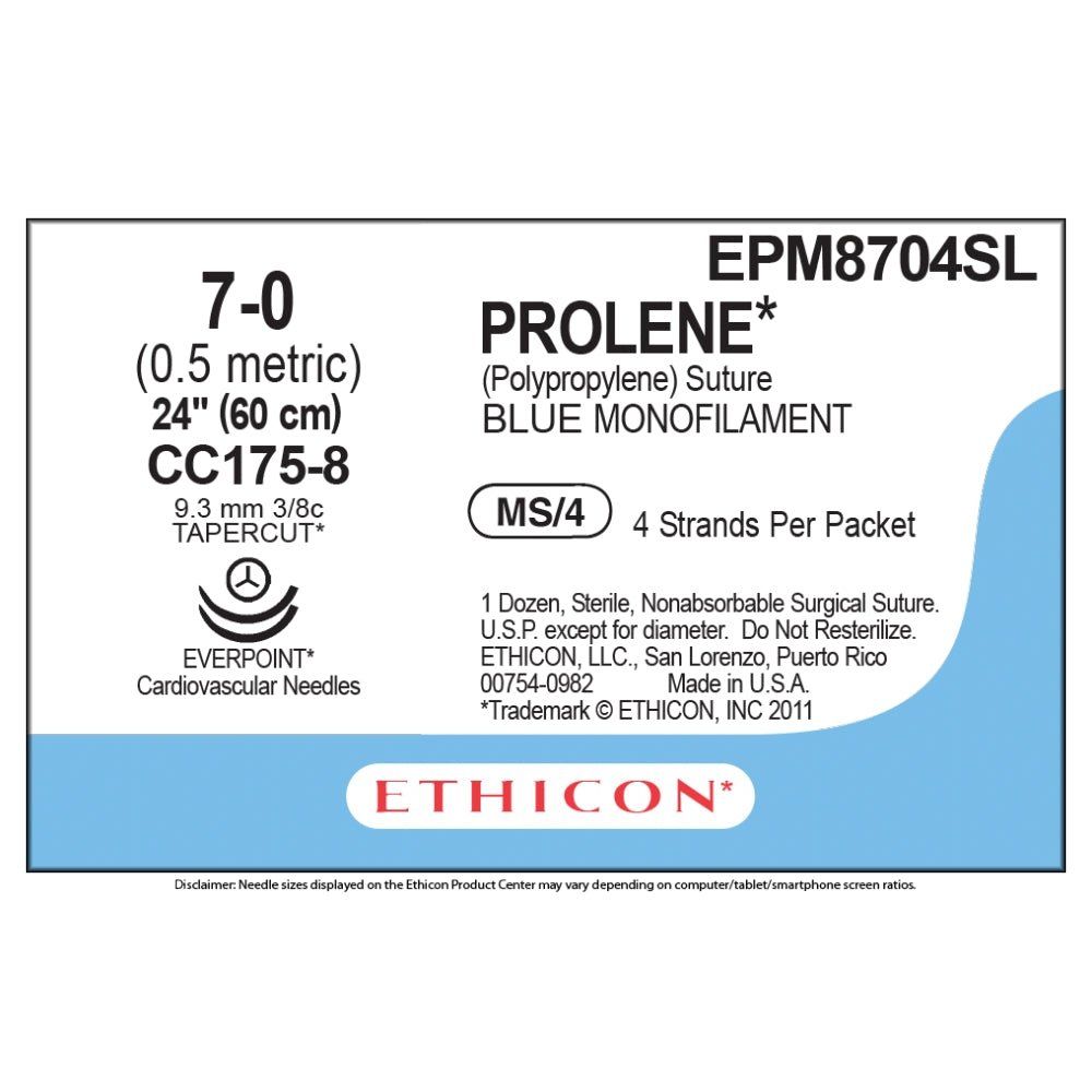 Ethicon PROLENE Polypropylene Non - Absorbable Monofilament Surgical Suture USP 5 - 0 60 cm CC175 - 8 Tapercut Micro Point Needles 9.3 mm 3/8 Circle with EVERPOINT Technology EPM8704SL (Box of 36) - EPM8704SL