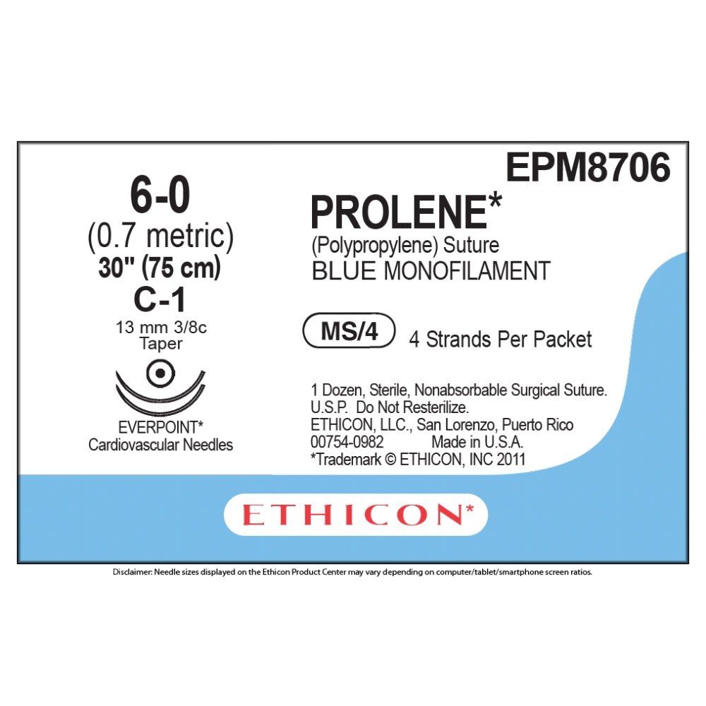 Ethicon PROLENE Polypropylene Non - Absorbable Monofilament Surgical Suture USP 4 - 0 75 cm BV - 1 Taperpoint Needles 9.3 mm 3/8 Circle with EVERPOINT Technology EPM8706 (Box of 36) - EPM8706