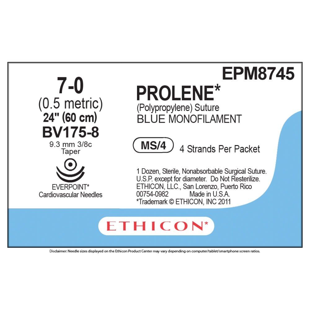 Ethicon PROLENE Polypropylene Non - Absorbable Monofilament Surgical Suture USP 2 75 cm BV - 1 Taperpoint Needles 9.3 mm 3/8 Circle with EVERPOINT Technology EPM8745 (Box of 36) - EPM8745