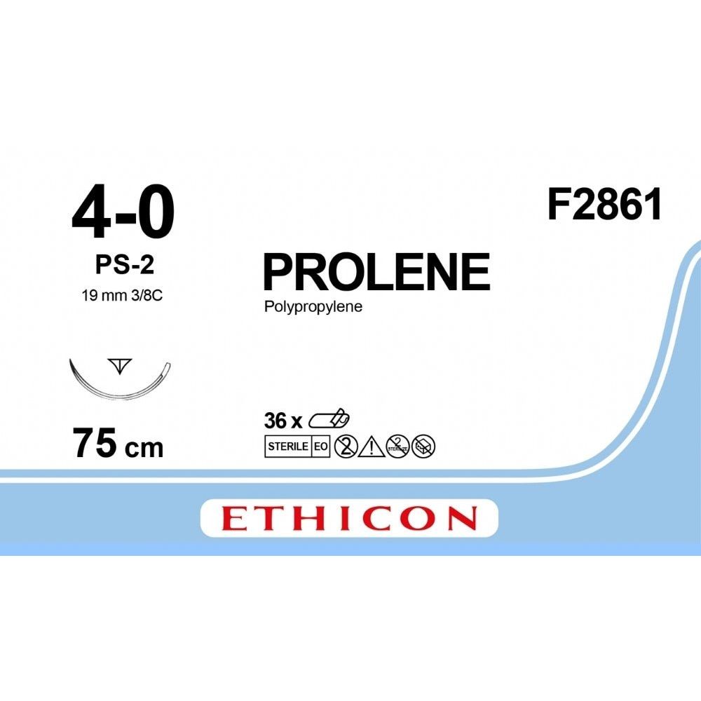 PROLENE Polypropylene SutureEthicon PROLENE Polypropylene Undyed Non - Absorbable Surgical Suture USP 4 - 0 75 cm PS - 2 PRIME Reverse Cutting Needle (19 mm) F2861 (Box of 36) - F2861