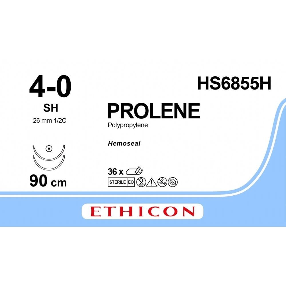 Ethicon PROLENE® with HEMOSEAL Technology Polypropylene Blue Non - Absorbable Surgical Suture USP 4 - 0 36 in (91 cm) Double - Armed SH Taper Point Needles (26 mm) HS6855H (Box of 36) - Surgical TrainingHS6855H