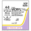 Ethicon COATED VICRYL PLUS Polyglactin 910 Braided Absorbable Antibacterial Surgical Suture – USP 4 - 0 – 45 cm (18 in) – Undyed – Single - Armed Conventional Cutting PC - 5 MULTIPASS® Needle 19 mm, 3/8 Circle – VCP823G (Box of 12) Size: 4 - 0 Colour: Undyed - SutureVCP823G