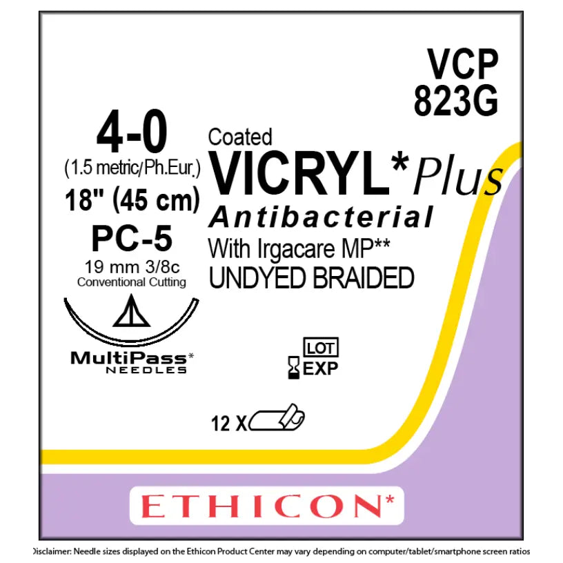 Ethicon COATED VICRYL PLUS Polyglactin 910 Braided Absorbable Antibacterial Surgical Suture – USP 4 - 0 – 45 cm (18 in) – Undyed – Single - Armed Conventional Cutting PC - 5 MULTIPASS® Needle 19 mm, 3/8 Circle – VCP823G (Box of 12) Size: 4 - 0 Colour: Undyed - SutureVCP823G