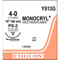 Ethicon MONOCRYL® Poliglecaprone 25 Suture – Absorbable Monofilament – USP 4 - 0 – 45cm (18”) – Violet – PS - 2 Reverse Cutting Needle – Single Armed – Y513G (Box of 12) - SutureY513G