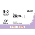 Ethicon COATED VICRYL Polyglactin 910 Braided Absorbable Surgical Suture – USP 9 - 0 – 30 cm – Violet – Double - Armed Spatula CS160 - 6 Needles 6 mm, 3/8 Circle – J349G (Box of 12) Size: 9 - 0 Colour: Violet Style: Spatula CS160 - 6 - J349G