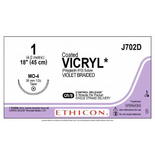 Ethicon COATED VICRYL Polyglactin 910 Braided Absorbable Surgical Suture – USP 1 – 8 x 45 cm – Violet – Single - Armed Taper Point MO - 4 CONTROL RELEASE Needle 37 mm, 1/2 Circle – J702D (Box of 12) Size: 1 Colour: Violet Style: Taper Point MO - 4 - J702D