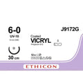 Ethicon COATED VICRYL Polyglactin 910 Braided Absorbable Surgical Suture – USP 6 - 0 – 30 cm – Violet – Single - Armed Taper Point UV - 10 Needle 10 mm, 3/8 Circle – J9172G (Box of 12) Size: 6 - 0 Colour: Violet Style: aper Point UV - 10 - J9172G