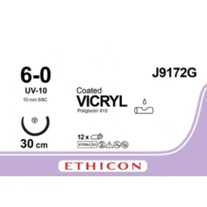 Ethicon COATED VICRYL Polyglactin 910 Braided Absorbable Surgical Suture – USP 6 - 0 – 30 cm – Violet – Single - Armed Taper Point UV - 10 Needle 10 mm, 3/8 Circle – J9172G (Box of 12) Size: 6 - 0 Colour: Violet Style: aper Point UV - 10 - J9172G