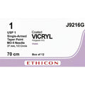 Ethicon COATED VICRYL Polyglactin 910 Braided Absorbable Surgical Suture – USP 1 – 70 cm – Violet – Single - Armed Taper Point MO - 5 Needle 37 mm, 1/2 Circle – J9216G (Box of 12) Size: 1 Colour: Violet Style: Taper Point MO - 5 - Medical SutureJ9216G