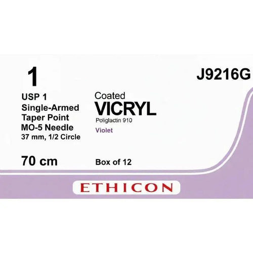 Ethicon COATED VICRYL Polyglactin 910 Braided Absorbable Surgical Suture – USP 1 – 70 cm – Violet – Single - Armed Taper Point MO - 5 Needle 37 mm, 1/2 Circle – J9216G (Box of 12) Size: 1 Colour: Violet Style: Taper Point MO - 5 - Medical SutureJ9216G