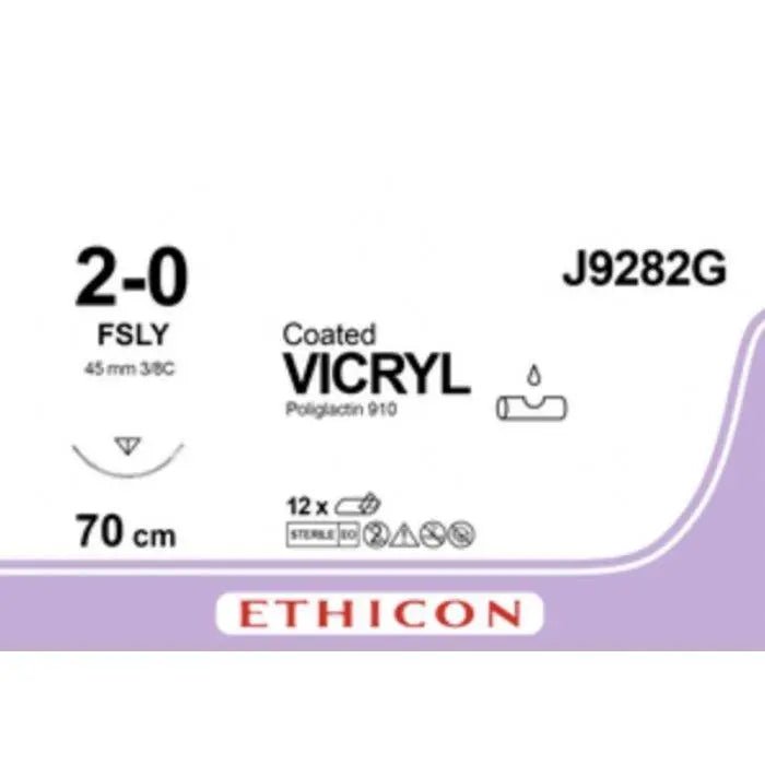 Ethicon COATED VICRYL Polyglactin 910 Braided Absorbable Surgical Suture – USP 2 - 0 – 70 cm – Violet – Single - Armed Taper Point FSLY Needle 30 mm, 1/2 Circle – J9282G (Box of 12) Size: 2 - 0 Colour: Violet Style: Taper Point FSLY - J9282G