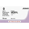 Ethicon COATED VICRYL Polyglactin 910 Braided Absorbable Surgical Suture – USP 0 – 70 cm – Violet – Single - Armed Taper Point V - 34 Needle 36 mm, 1/2 Circle – J9364G (Box of 12) Size: 0 Colour: Violet Style: Taper Point V - 34 - J9364G