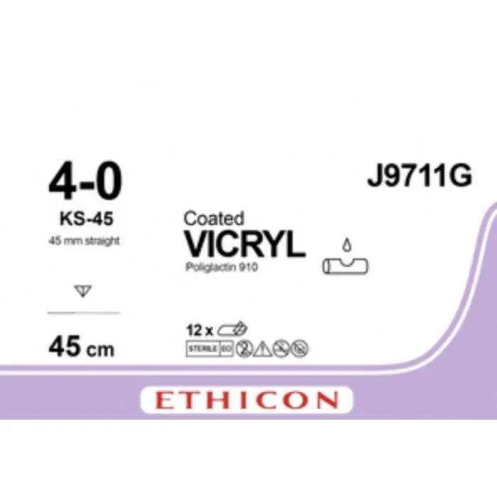 Ethicon COATED VICRYL Polyglactin 910 Braided Absorbable Surgical Suture – USP 4 - 0 – 45 cm – Undyed – Single - Armed Taper Point KS - 45 Needle 45 mm, 1/2 Circle – J9711G (Box of 12) Size: 4 - 0 Colour: Undyed Style: Taper Point KS - 45 - J9711G