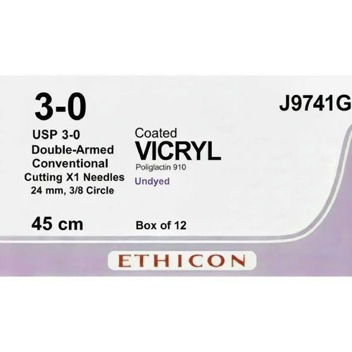 Ethicon COATED VICRYL Polyglactin 910 Braided Absorbable Surgical Suture – USP 3 - 0 – 45 cm – Undyed – Double - Armed Conventional Cutting X - 1 Needles 24 mm, 3/8 Circle – J9741G (Box of 12) Size: 3 - 0 Colour: Undyed Style: Conventional Cutting X - 1 - J9741G