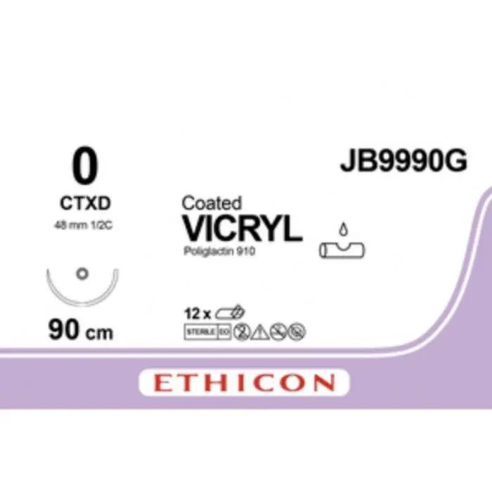 Ethicon COATED VICRYL Polyglactin 910 Braided Absorbable Surgical Suture – USP 0 – 90 cm – Violet – Single - Armed Taper Cut CTXD Needle 40 mm, 1/2 Circle – JB9990G (Box of 12) Size: 0 Colour: Violet Style: Taper Cut CTXD - JB9990G