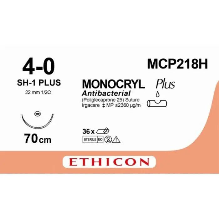 Ethicon MONOCRYL PLUS Poliglecaprone 25 Absorbable Monofilament Surgical Suture | USP 4 - 0 | 70 cm | Violet | Single - Armed Taperpoint Plus Needle 22 mm | 1/2 Circle | MCP218H / W3660 (Box of 36) - SutureMCP218H