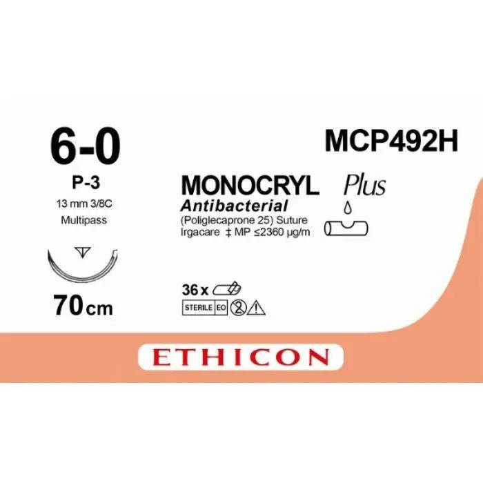 Ethicon MONOCRYL PLUS Poliglecaprone 25 Absorbable Monofilament Surgical Suture  MCP492H
