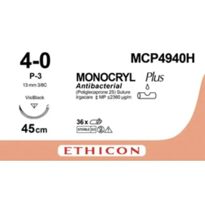 Ethicon MONOCRYL™ PLUS Antibacterial Undyed Absorbable Monofilament Suture 45cm USP 4 - 0 | MCP4940H | Box of 36 - SutureMCP4940H