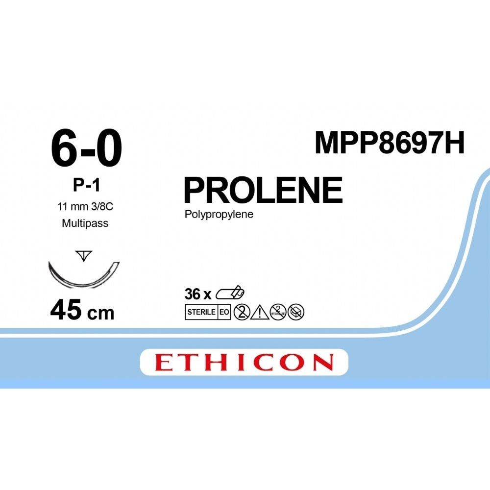Ethicon PROLENE Polypropylene Blue Non - Absorbable Surgical Suture USP 6 - 0 45 cm P - 1 PRIME Reverse Cutting Needle MPP8697H (Box of 36) - MPP8697H