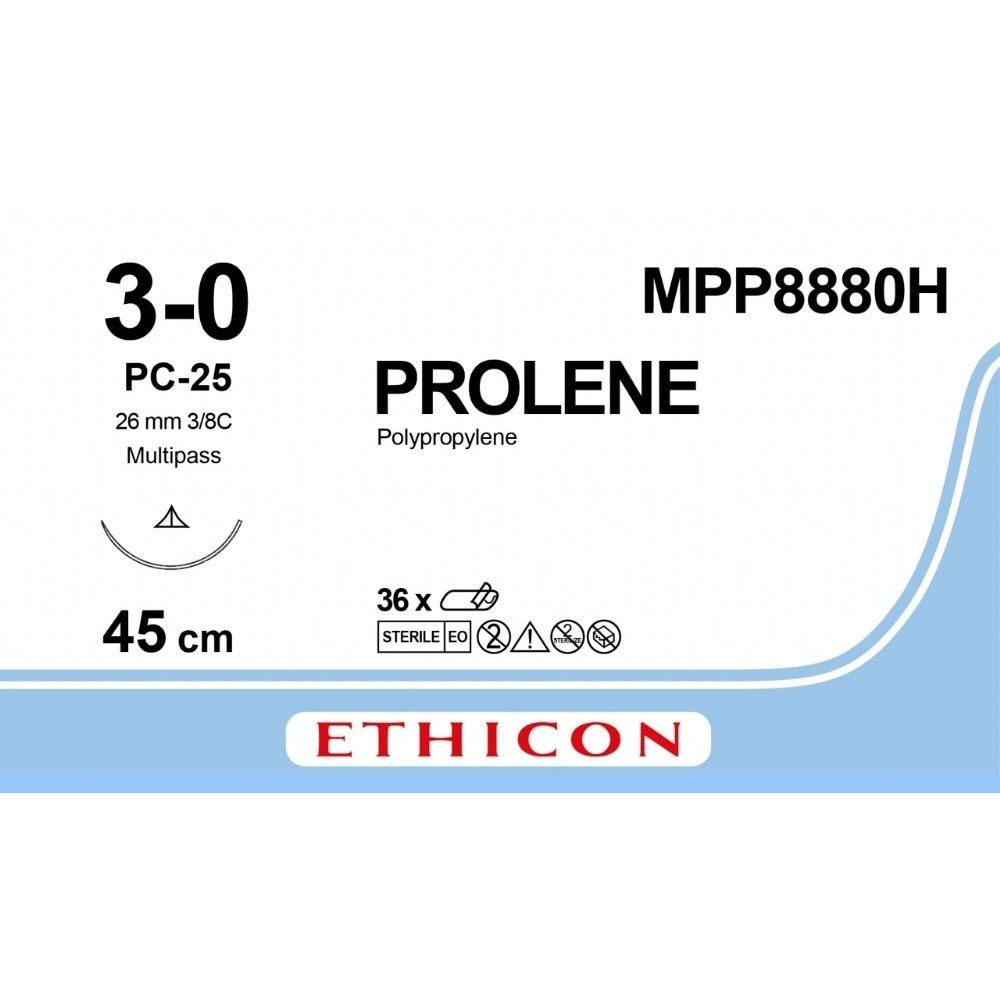 Ethicon PROLENE Polypropylene Blue Non - Absorbable Surgical Suture USP 3 - 0 45 cm PC - 25 PRIME MULTIPASS Conventional Cutting Needle (26 mm) MPP8880H (Box of 36) - MPP8880H