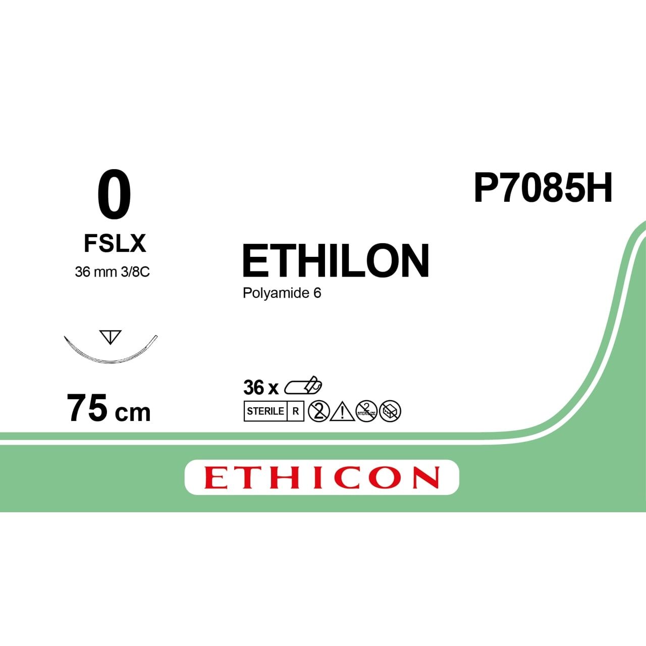 Ethicon ETHILON Black Monofilament Non - Absorbable Surgical Suture USP 0 30 in (75 cm) Black FSLX Reverse Cutting Needle 26 mm 3/8 Circle P7085H (Box of 36) - P7085H