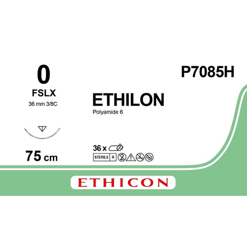 Ethicon ETHILON Black Monofilament Non - Absorbable Surgical Suture USP 0 30 in (75 cm) Black FSLX Reverse Cutting Needle 26 mm 3/8 Circle P7085H (Box of 36) - P7085H