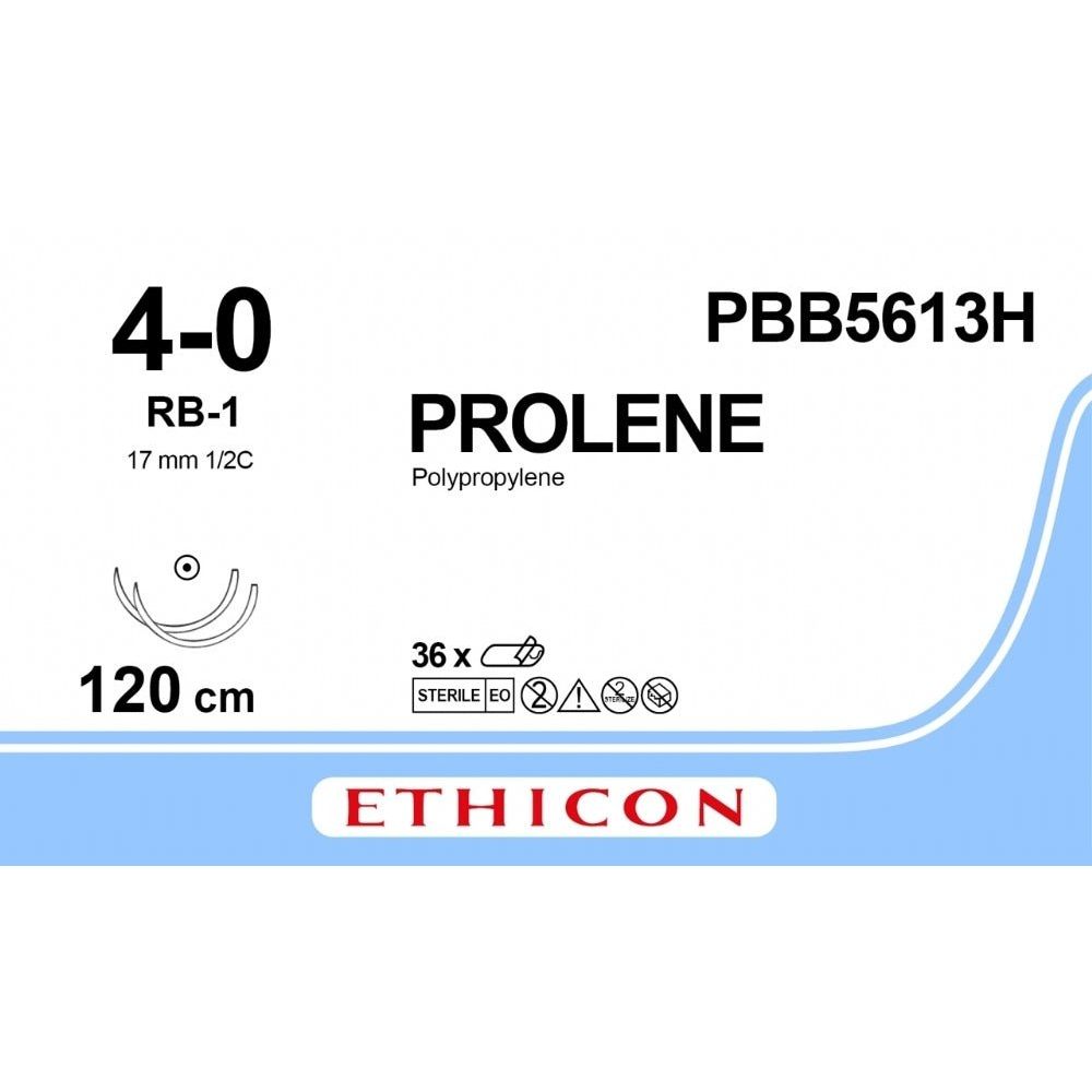 Ethicon PROLENE Polypropylene Blue Non - Absorbable Surgical Suture USP 4 - 0 120 cm Double - Armed RB - 1 Taper Point Needles (17 mm) PBB5613H (Box of 36) - PBB5613H