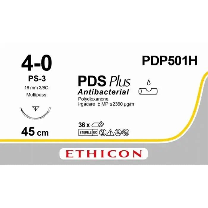 Ethicon PDS® Plus Antibacterial (Polydioxanone) Undyed Absorbable Surgical Suture | USP 4 - 0 | 45 cm | PS - 3 PRIME™ Reverse Cutting Needle (16 mm) | MULTIPASS® | PDP501H (Box of 36) - SuturePDP501H