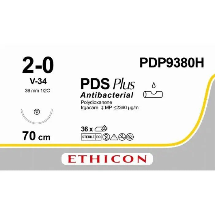 Ethicon PDS™ Plus Antibacterial (Polydioxanone) Violet Absorbable Surgical Suture – USP 2 - 0 – 70 cm – V - 34 Needle – PDP9380H (Box of 36) - SuturePDP9380H