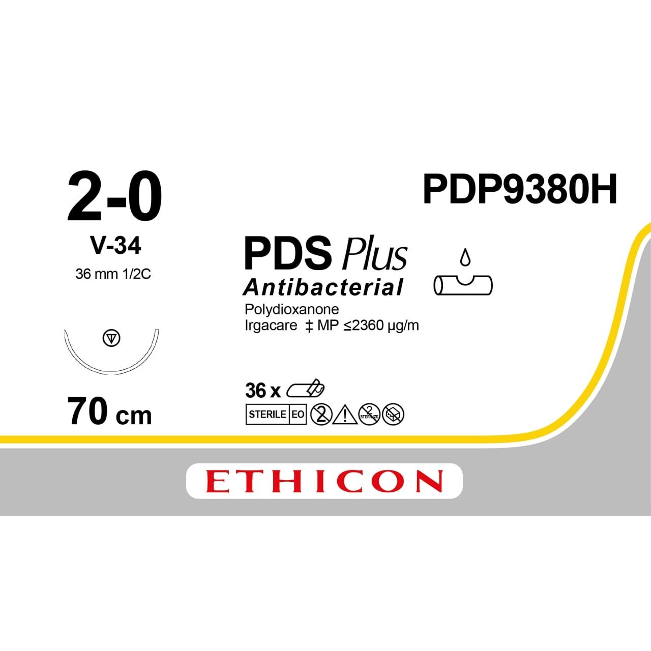 Ethicon PDS™ Plus Antibacterial (Polydioxanone) Violet Absorbable Surgical Suture – USP 2 - 0 – 70 cm – V - 34 Needle – PDP9380H (Box of 36) - SuturePDP9380H