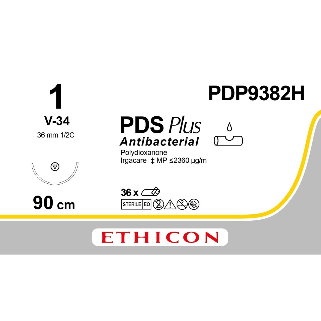 Ethicon PDS® Plus Antibacterial (Polydioxanone) Violet Absorbable Surgical Suture – USP 1 – 90 cm – V - 34 TAPERCUT® Needle (36 mm) – PDP9382H (Box of 36) - SuturePDP9382H