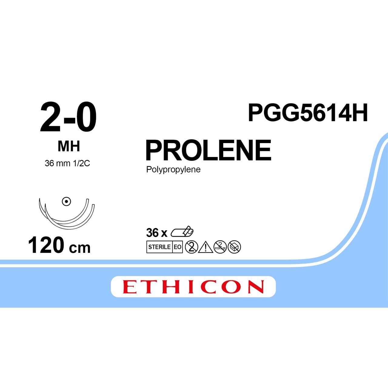 Ethicon PROLENE Polypropylene Blue Non - Absorbable Surgical Suture USP 2 - 0 120 cm Double - Armed MH Taper Point Needles (36 mm) PGG5614H (Box of 36) - PGG5614H