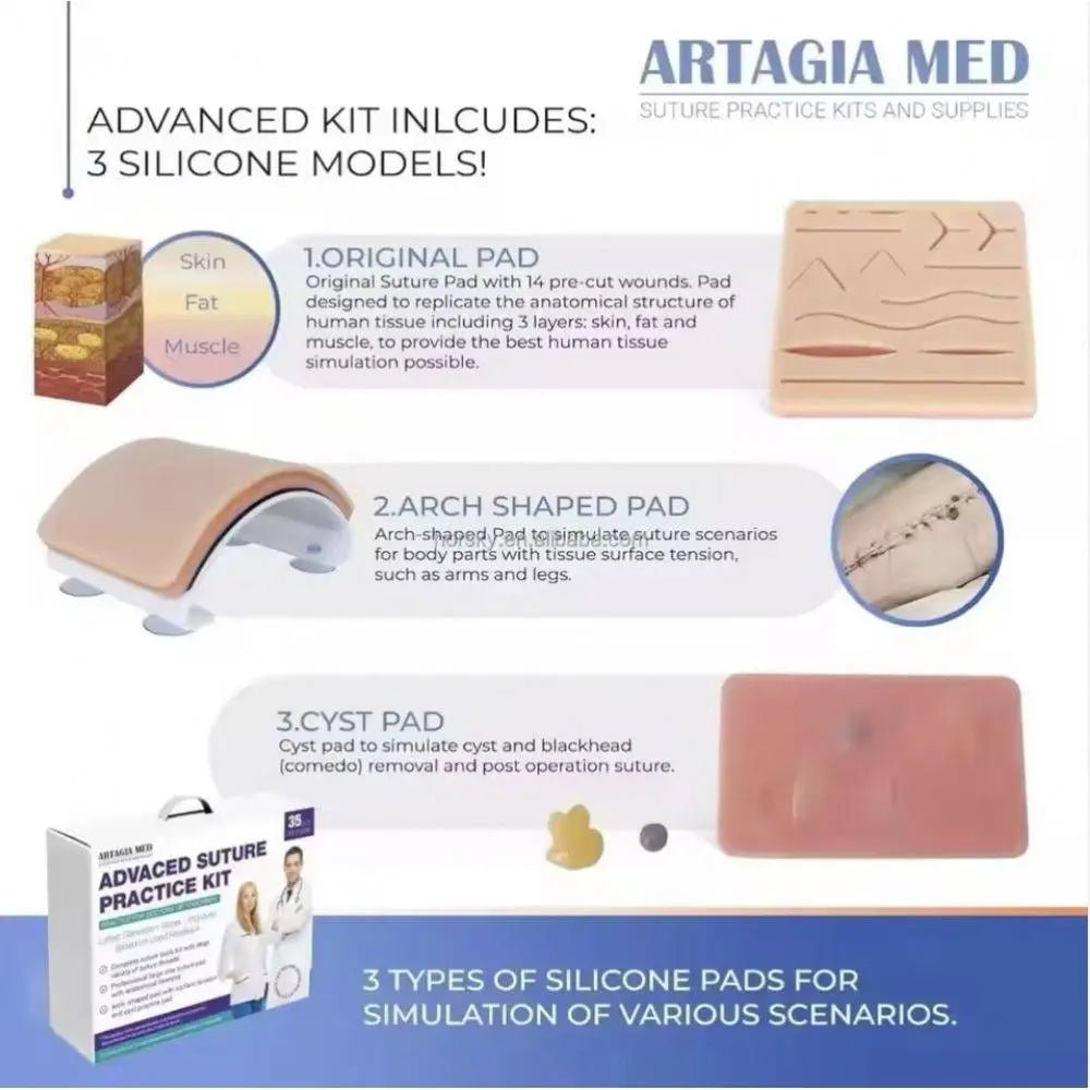 Professional Advanced Suturing Practice Kit – Stainless Steel Surgical Instruments & Silicone Suture Training Pad - Suture Training PadSPK-ADV-SUTUREKIT