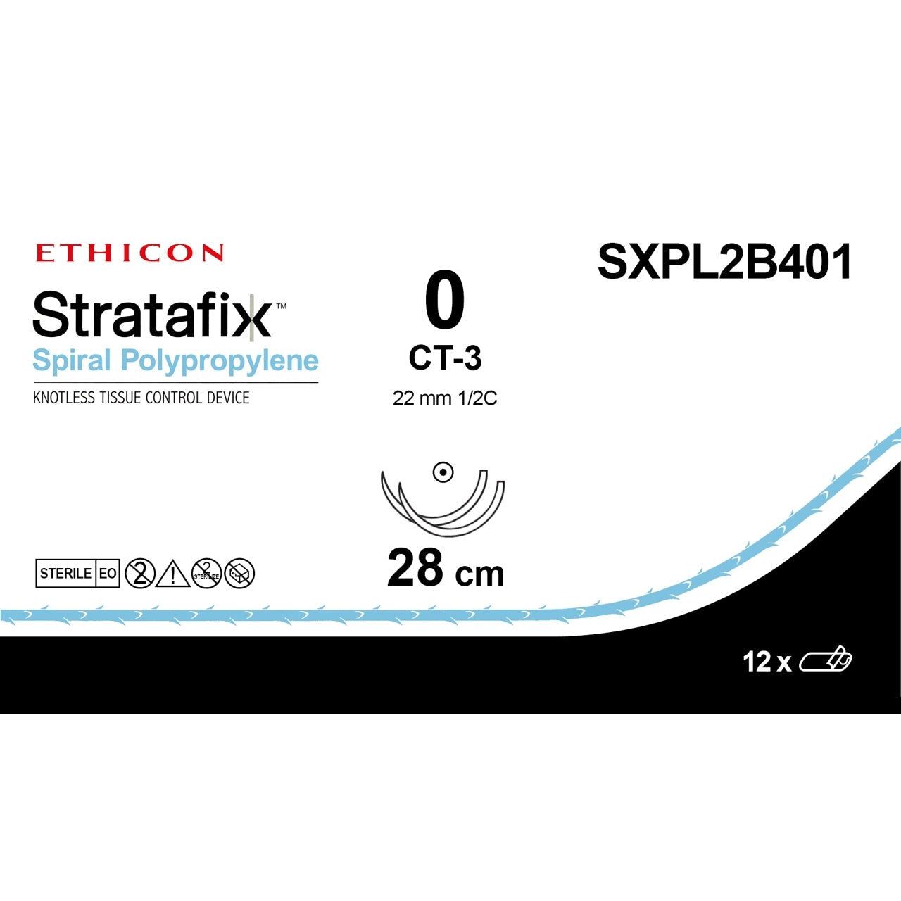 Ethicon STRATAFIX Polypropylene Non - Absorbable Monofilament Surgical Suture USP 0 28 cm Undyed Double - Armed Taperpoint Needles (22 mm, 1/2 Circle) SXPL2B401 (Box of 12) - SXPL2B401