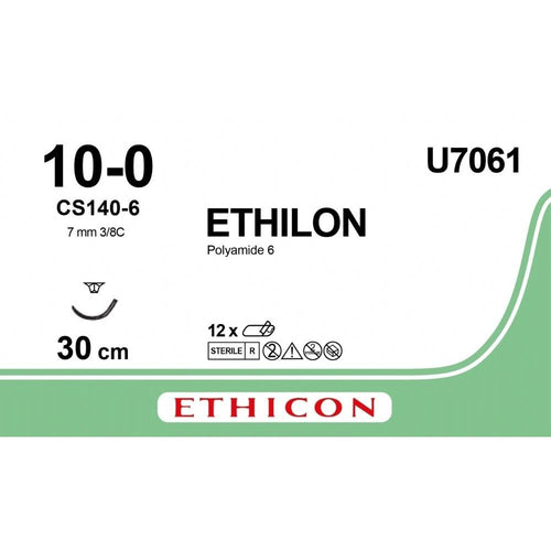 Ethicon ETHILON Black Monofilament Non - Absorbable Microsurgical Suture USP 10 - 0 12 in (30 cm) Black CS140 - 6 Taper Point Needle 6.5 mm 3/8 Circle U7061 (Box of 12) - U7061