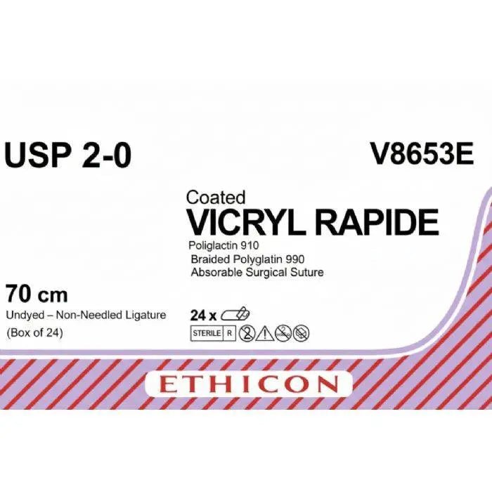 Ethicon VICRYL RAPIDE Braided Polyglactin 910 Absorbable Surgical Suture – USP 2 - 0 – 70 cm – Undyed – Non - Needled Ligature – V8653E (Box of 24) Size: 2 - 0 Colour: Undyed Style: Non - Needled (Ligature) - V8653E