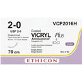 Ethicon VICRYL PLUS Polyglactin 910 Braided Absorbable Antibacterial Surgical Suture – USP 2 - 0 – 70 cm – Violet – Single - Armed Taper Point MH - 1+ Needle 26 mm, 1/2 Circle – VCP2016H (Box of 36) Size: 2 - 0 Colour: Violet Style: Taper Point MH - 1+ - VCP2016H