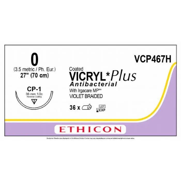 Ethicon VICRYL PLUS Polyglactin 910 Braided Absorbable Antibacterial Surgical Suture – USP 0 – 27 in (68 cm) – Violet – Single - Armed CP - 1 Needle – VCP467H (Box of 36) - SutureVCP467H