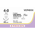 Ethicon VICRYL PLUS Polyglactin 910 Braided Absorbable Antibacterial Surgical Suture – USP 4 - 0 – 18 in (45 cm) – Undyed – Single - Armed P - 3 VB Needle – VCP491H (Box of 36) Size: 4 - 0 Colour: Undyed Style: cutting - VCP491H